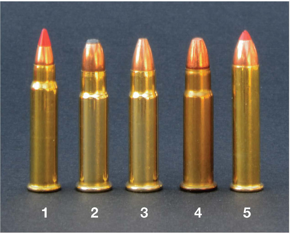 These loads tested include: (1) Hornady .17 HMR, 17-grain V-MAX; (2) Aguila 5mm Magnum, 30-grain SJHP; (3) Aguila 5mm Magnum, .30-grain JHP; (4) Remington 5mm Magnum, 38-grain PLHP; and (5) Hornady .22 WMR, 30-grain V-MAX.